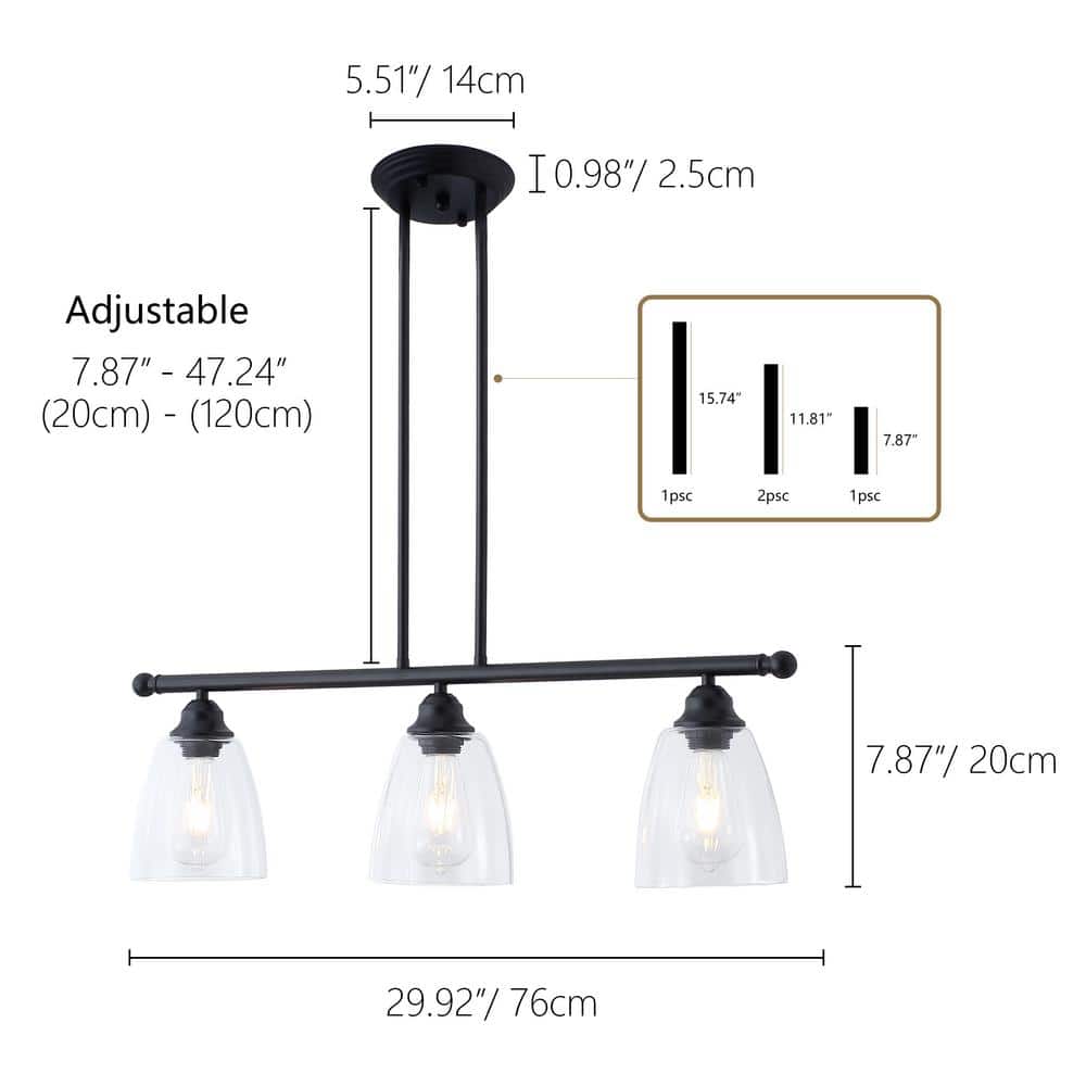 Farmhouse 3-Light Black Metal and Clear Glass Tiered Kitchen Island Pendant