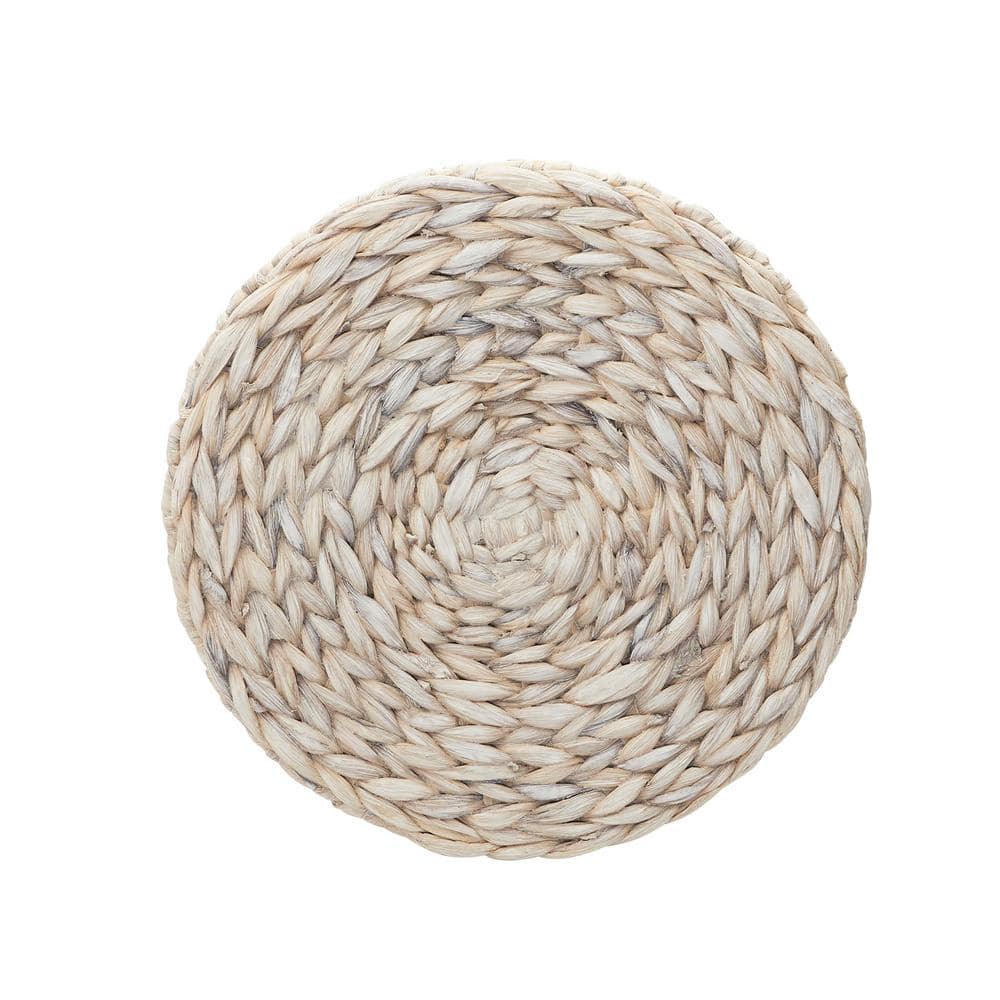 Handwoven White Wicker Round Side Table with Metal Frame
