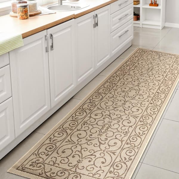 Charleston Vintage Filigree Textured Weave Beige/Brown 2 ft. x 8 ft. Indoor/Outdoor Runner Rug