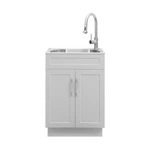 All-in-One Stainless Steel 24 in Laundry Sink with Faucet and Storage Cabinet in Cool Gray