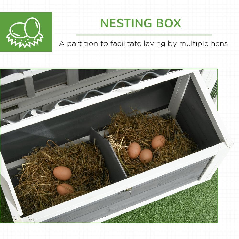 Gray and White Wooden Chicken Coop with Run and Nesting Box