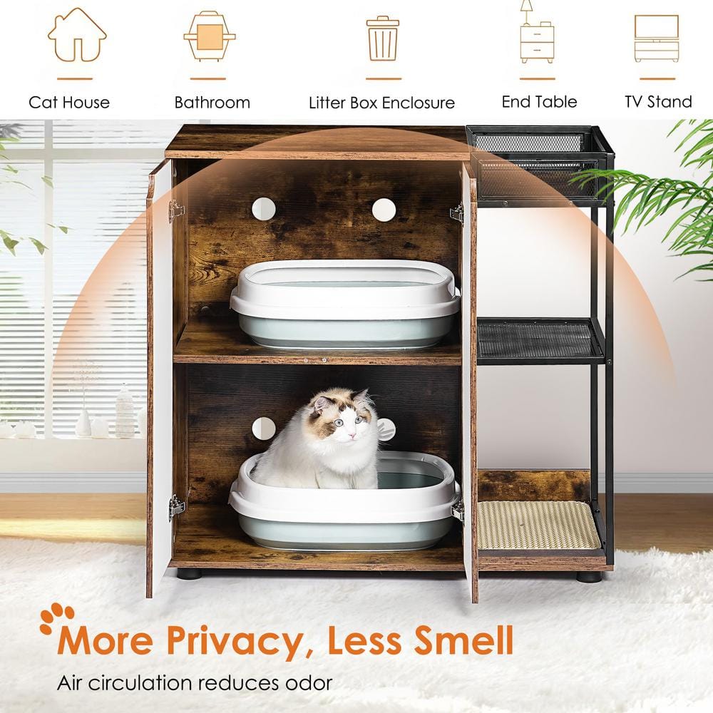 Rustic Brown and White Dual Cat Litter Box Enclosure Cabinet
