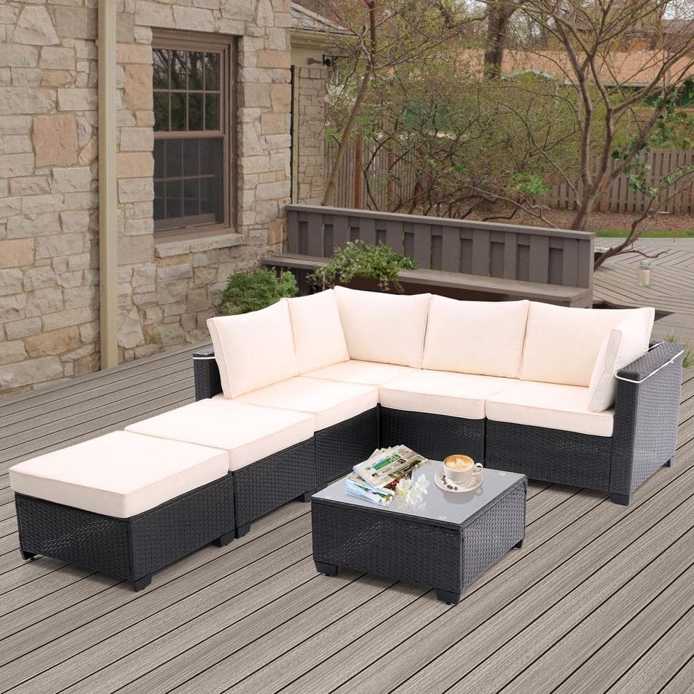 7-Piece Wicker Outdoor Sectional Set Patio Conversation Sofa with Thick Beige Cushions, Coffee Table and Ottomans