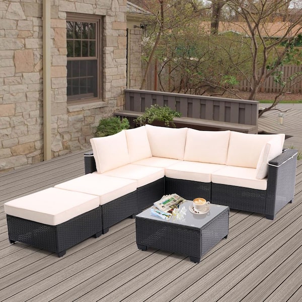 Unbranded 7-Piece Wicker Outdoor Sectional Set Patio Conversation Sofa with Thick Beige Cushions, Coffee Table and Ottomans