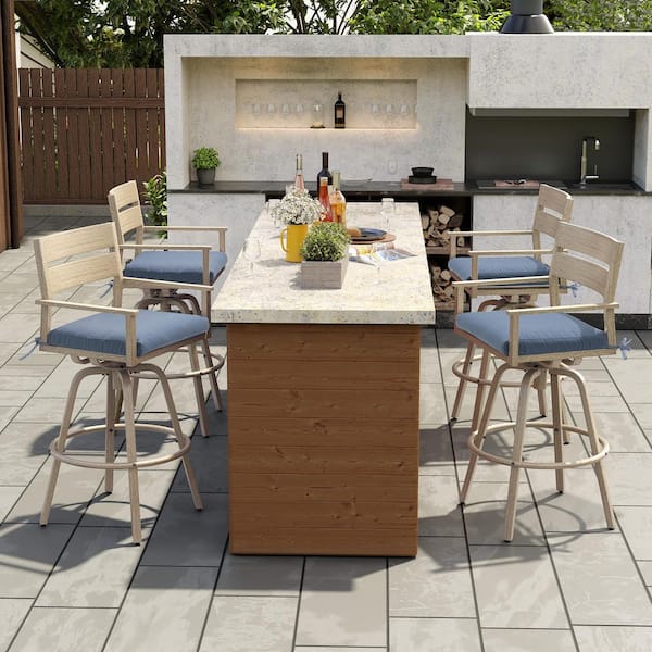 Crestlive Products Aluminum Outdoor Bar Stool Wood Patterned Frame with Sunbrella Blue Cushion (4-Pack)