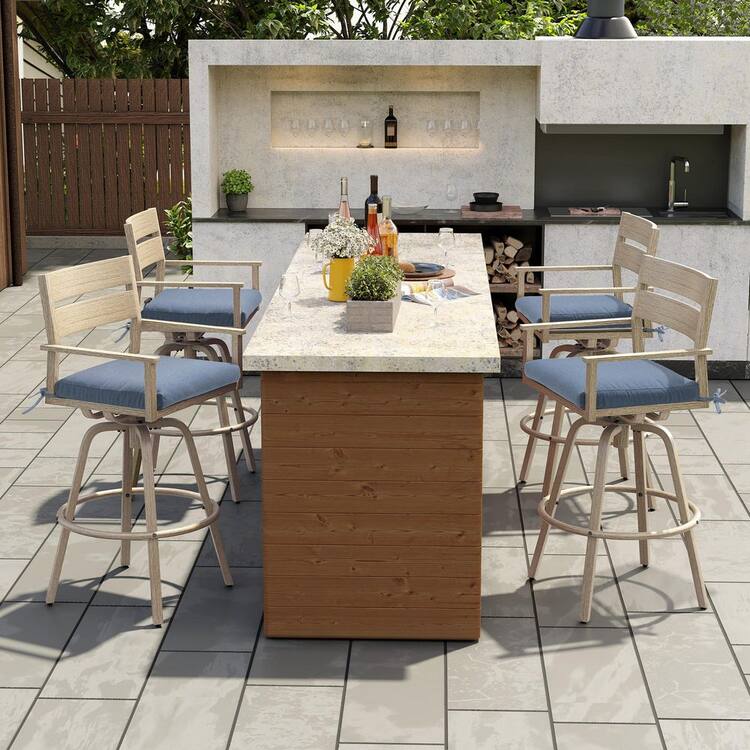 Crestlive Products Aluminum Outdoor Bar Stool Wood Patterned Frame with Sunbrella Blue Cushion (4-Pack)