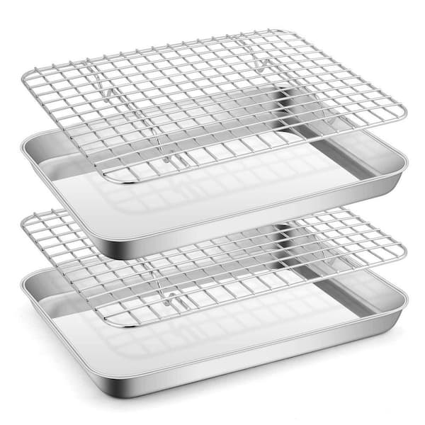 Stainless Steel Silver Toaster Oven Tray with Wire Rack Set Baking Sheet Broiling Pan Cooling 4-Piece Set