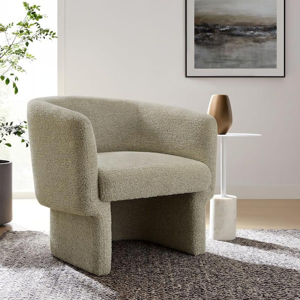 Modway Muse Comfy Barrel Accent Chair in Cork Boucle Fabric Cozy Round Reading Armchair