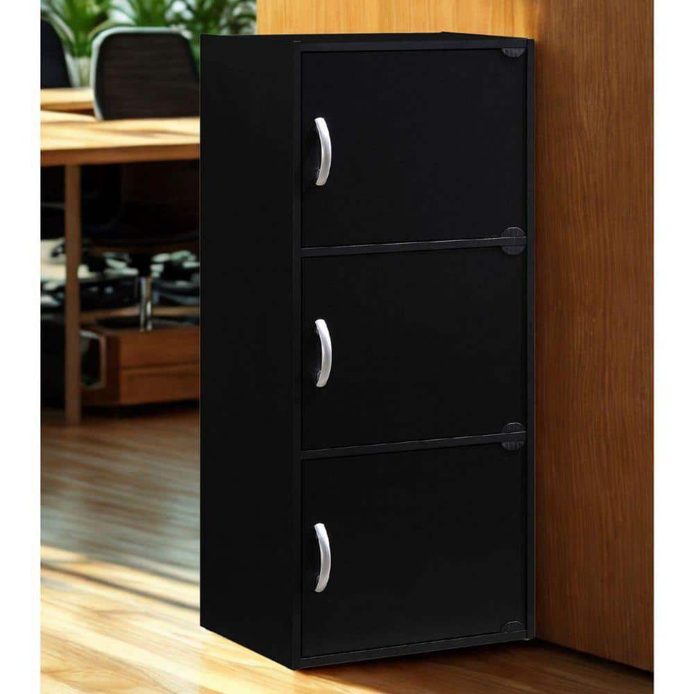 L'Baiet 35.6 in. Tall Black Wood 3-Shelf Bookcase with 3-Doors