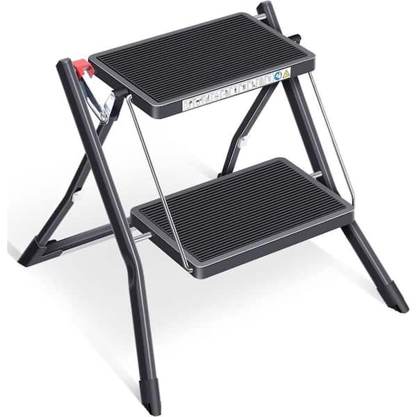 1.5 ft. Reach Folding Step Ladder 2-Step Black Light Steel with Non-Slip Rubber Mat Up to 330 lbs. for Home and Office