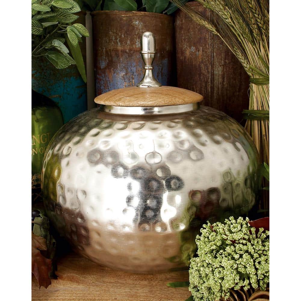 Silver Hammered Metal Decorative Jar with Wood Lid