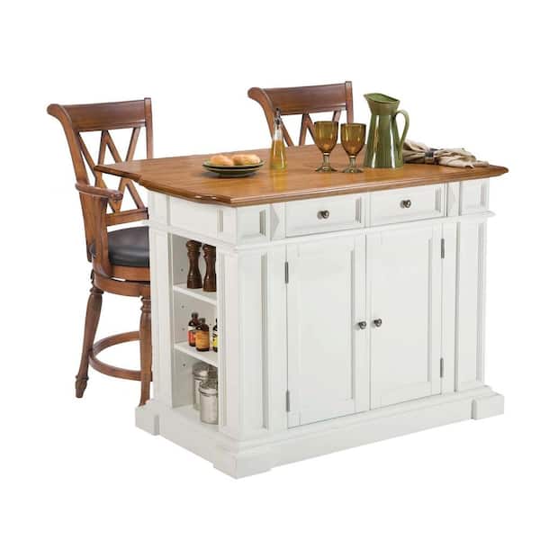 Home Styles Traditions Distressed Oak Drop Leaf Kitchen Island in White with Seating-DISCONTINUED