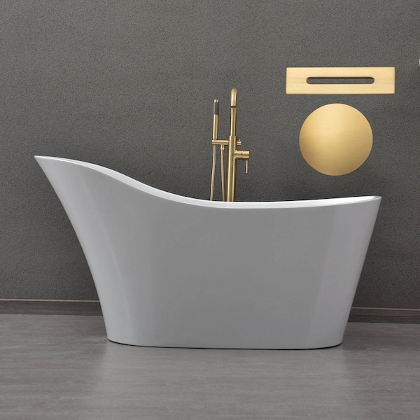 WOODBRIDGE Paterson 59 in. Acrylic Flatbottom Single Slipper Bathtub with Brushed Gold Overflow and Drain Included in White
