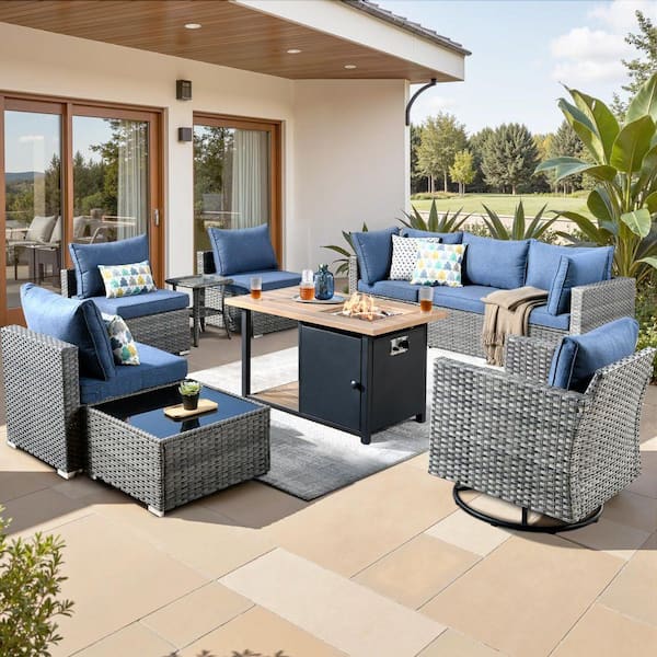 Sanibel Gray 10-Piece Wicker Patio Conversation Sofa Set with a Swivel Chair, a Storage Fire Pit and Denim Blue Cushions