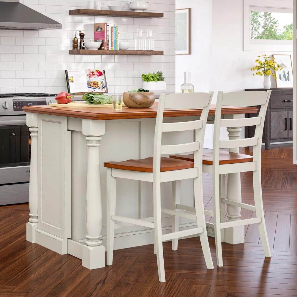 Off-White and Oak Wood Kitchen Island Set with Stools