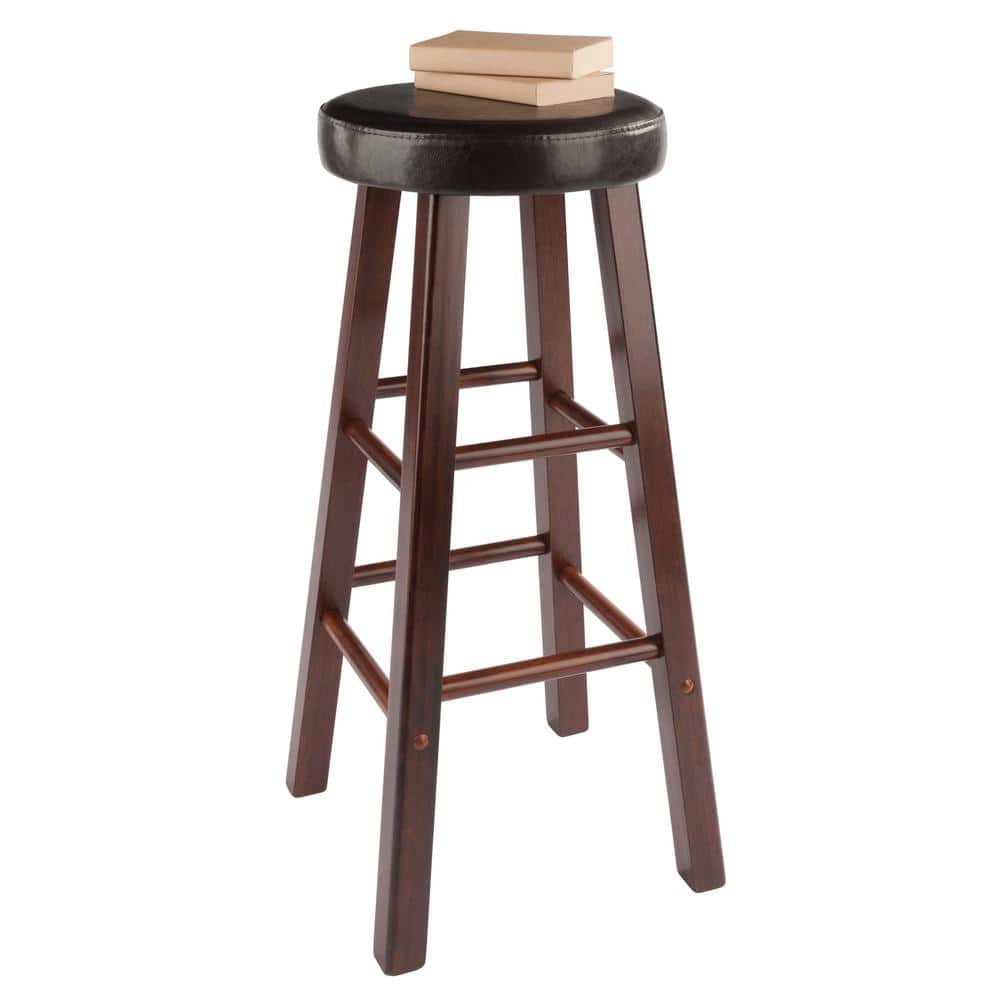 Transitional Walnut Brown Wood Bar Stool with Espresso Cushion, 30"