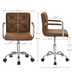 Office Stool with Arms/Wheels for Students Swivel Faux Leather Office Chair Home Computer Chair, Brown