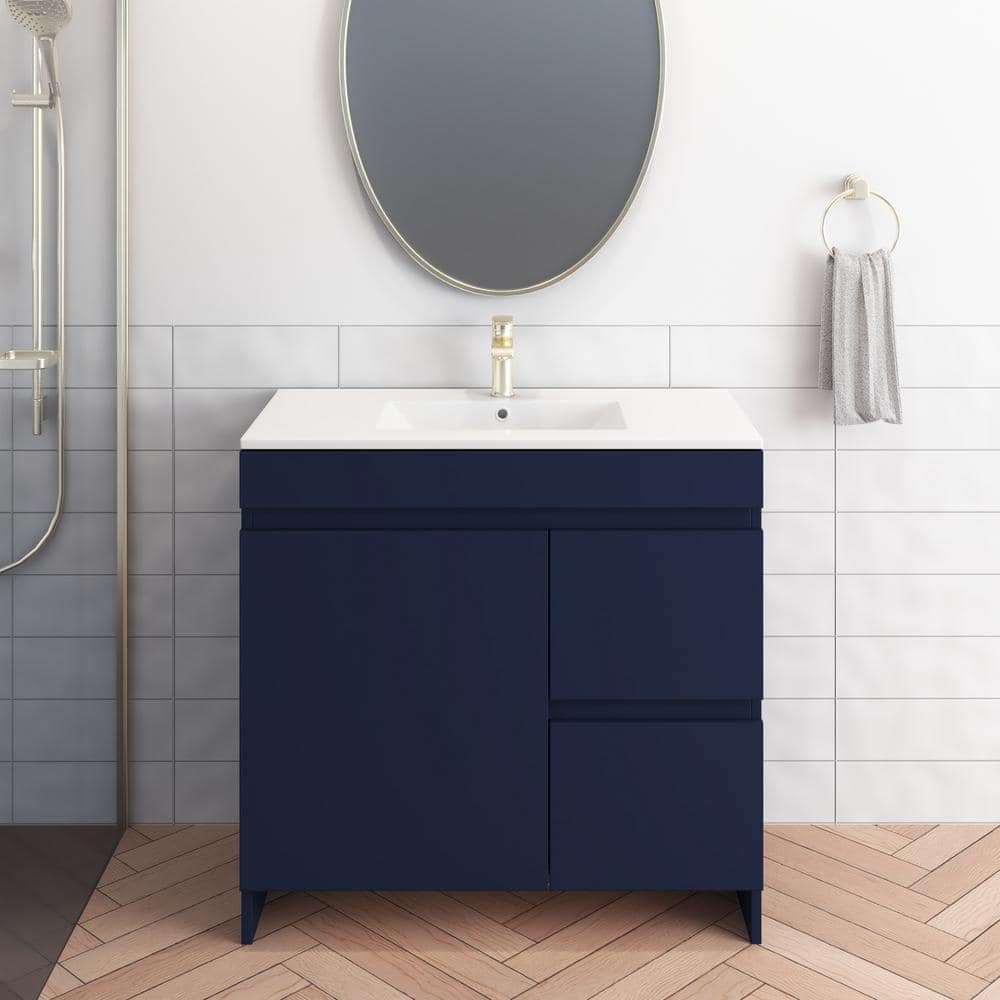 Mace 36 in. W x 18 in. D x 34 in. H Bath Vanity in Navy with White Ceramic Top and Right-Side Drawers price history on PriceWatchPro