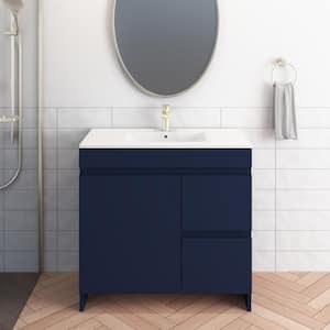 Mace 36 in. W x 18 in. D x 34 in. H Bath Vanity in Navy with White Ceramic Top and Right-Side Drawers