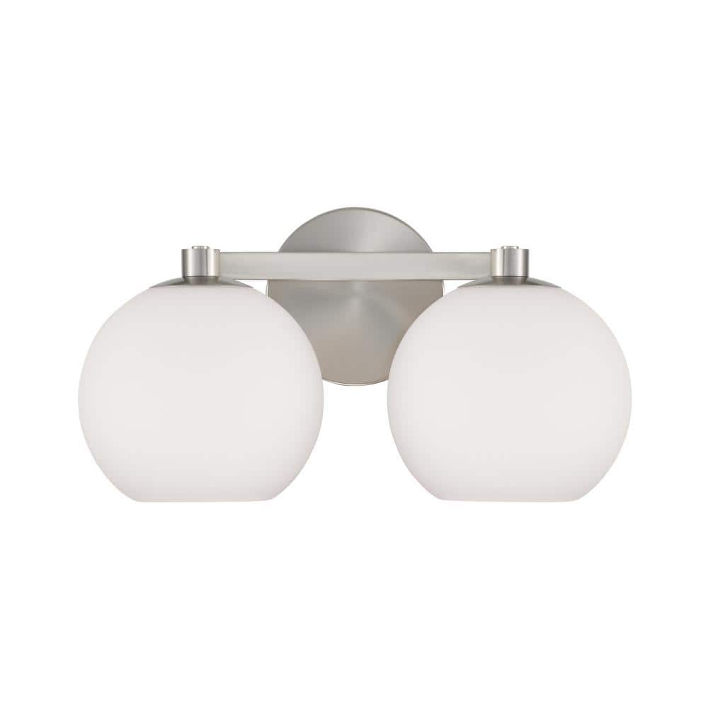 Brushed Nickel 2-Light Vanity with Soft White Glass Shades