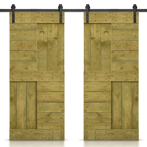 CALHOME 60 in. x 84 in. Jungle Green Stained DIY Knotty Pine Wood Interior Double Sliding Barn Door with Hardware Kit