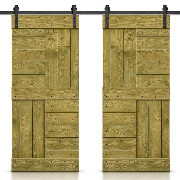 CALHOME 72 in. x 84 in. Jungle Green Stained DIY Knotty Pine Wood Interior Double Sliding Barn Door with Hardware Kit
