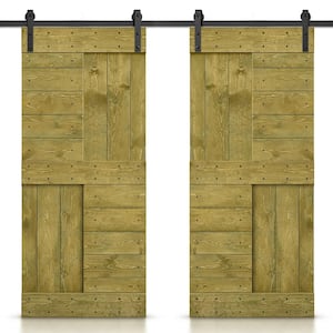 76 in. x 84 in. Jungle Green Stained DIY Knotty Pine Wood Interior Double Sliding Barn Door with Hardware Kit