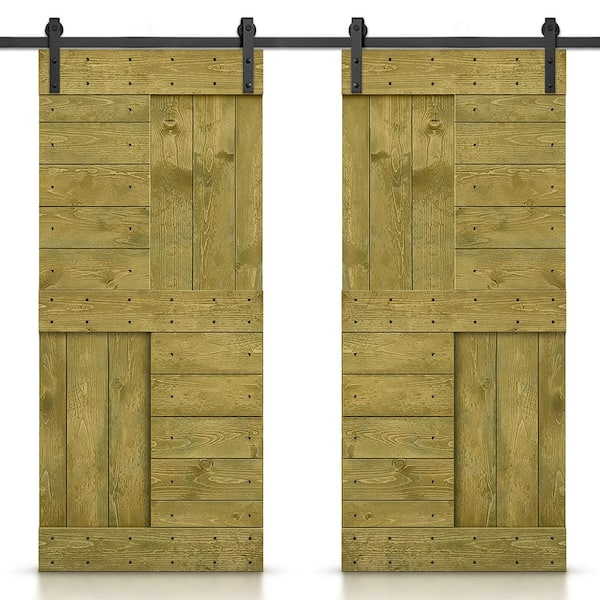 CALHOME 76 in. x 84 in. Jungle Green Stained DIY Knotty Pine Wood Interior Double Sliding Barn Door with Hardware Kit