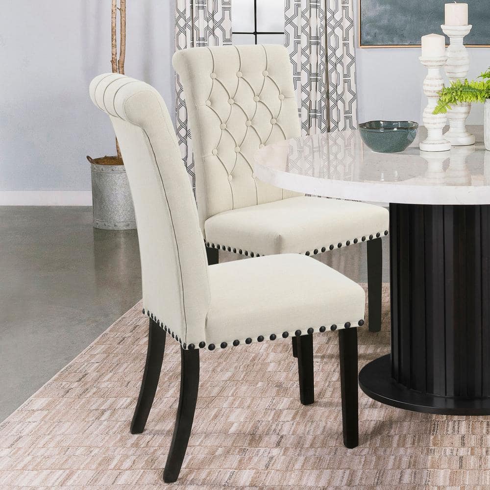 Beige Linen Tufted Upholstered Side Chair with Wood Legs