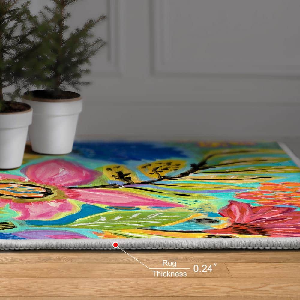 Secret Garden Blue Floral Washable Synthetic Area Rug 5' x 7'