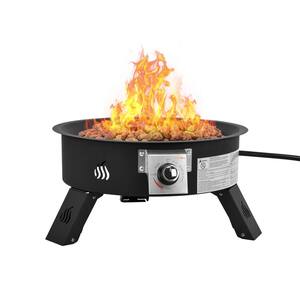 Portable 19 in. x 13 in. H Outdoor Round Powder Coated Steel Liquid Propane Fire Pit with Lava Rocks and 10 ft. Hose