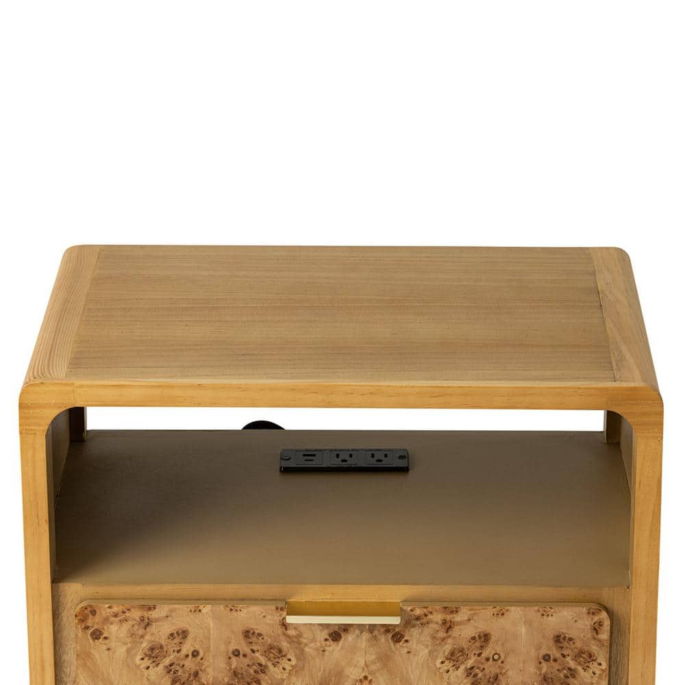 Natural Brown Wood 2-Drawer Nightstand with Charging Ports