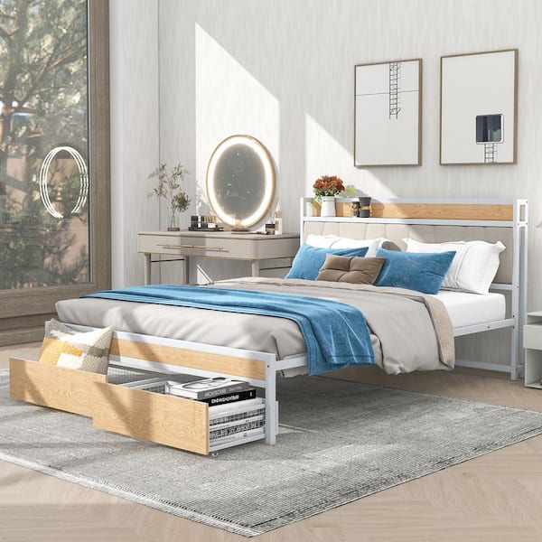 Polibi White Metal Frame Queen Size Platform Bed with 2 Drawers, Upholstered Headboard, Sockets, USB Ports