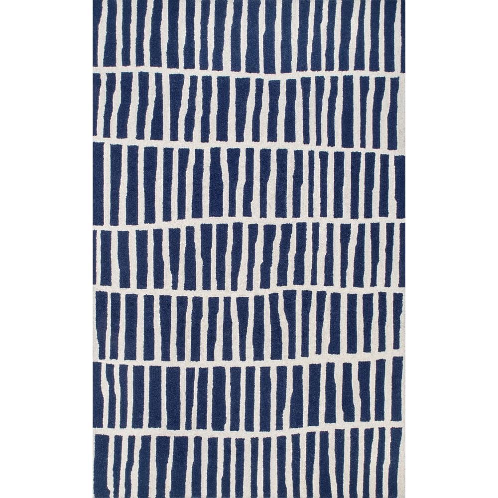 Navy and White Rectangular Hand Tufted Wool Rug 4' x 6'