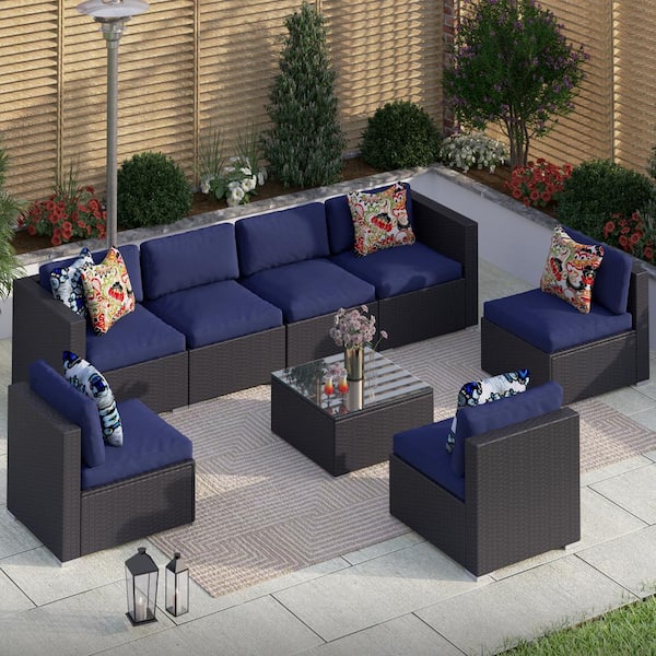 PHI VILLA Dark Brown Rattan Wicker 7 Seat 8-Piece Steel Outdoor Patio Sectional Set with Blue Cushions and Coffee Table