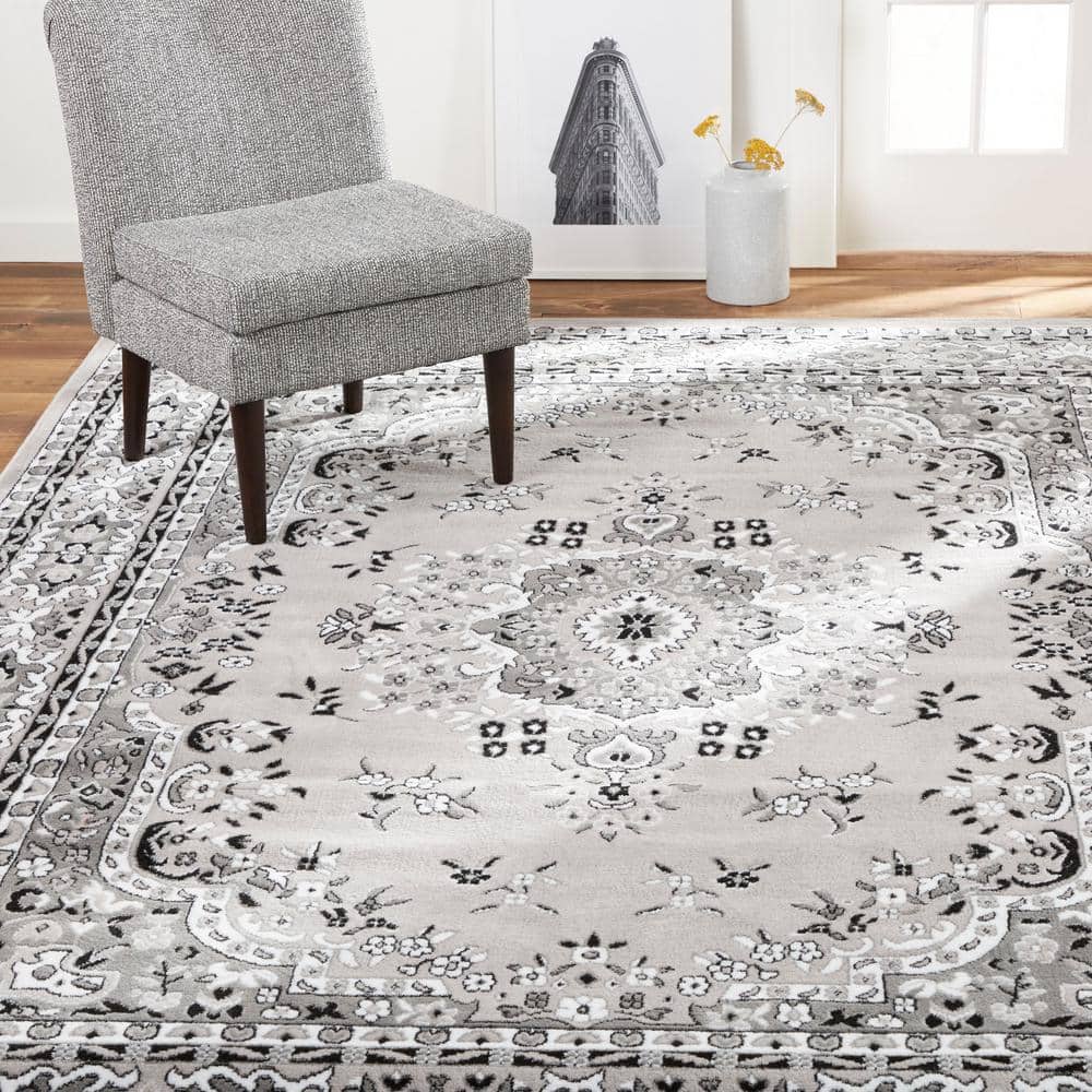 Gray Synthetic Stain-Resistant Traditional Medallion Area Rug