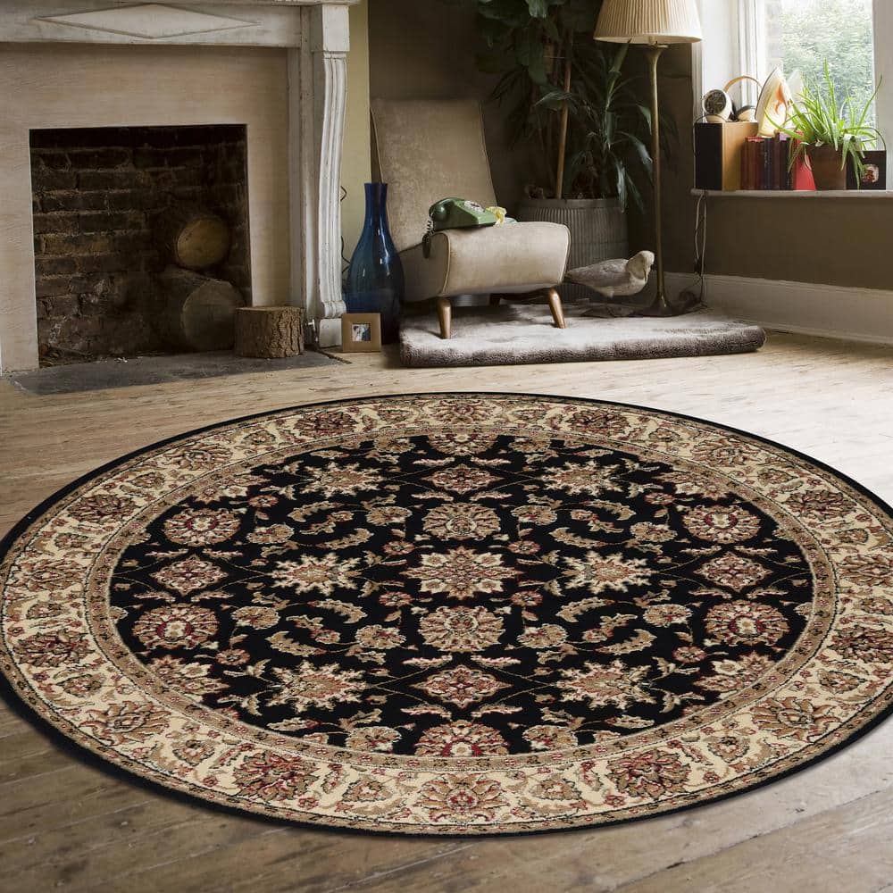 Elegant Sarouk Floral Black Synthetic 5'3" Round Area Rug