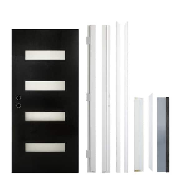 36 in. x 80 in. 4 Lite Right-Hand Frosted Glass Finish Black Fiberglass Prehung Front Door with Threshold, Hinges