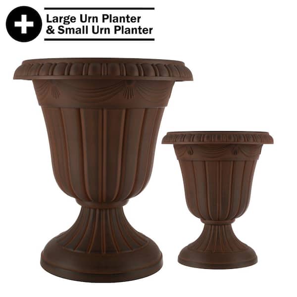 Pure Garden 16 in. W x 18 in. H Plastic Large and Small Urn Planter 2-Pack, Brown