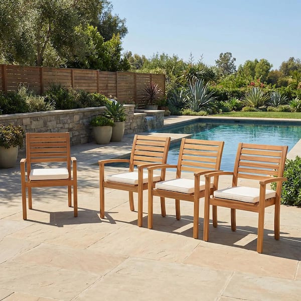 4-Piece Acacia Wood Stackable Outdoor Dining Chairs, Patio Arm Chairs with Removable Beige Cushions