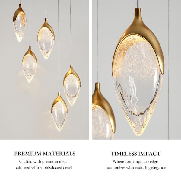 5-Light Integrated LED Vintage Goldleaf Staircase Cluster Chandelier, Modern Foyer Seeded Glass Pendant Light Fixture