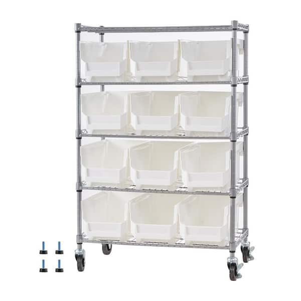 5-Tier Rolling Bin Storage Rack with Wheels, 12 Organizer Bins, Steel Wire Tool Organizer for Garage Office, 45 Gal.