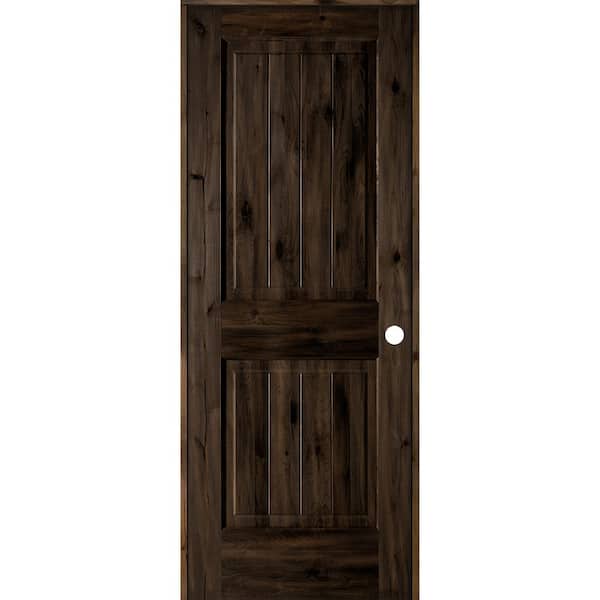 Krosswood Doors 30 in. x 80 in. Knotty Alder 2 Panel Left-Hand Square Top V-Groove Black Stain Solid Wood Single Prehung Interior Door