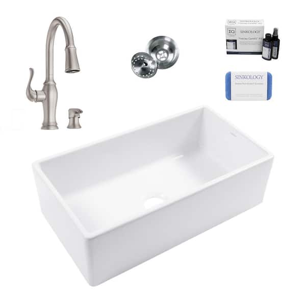 SINKOLOGY Bradstreet II 33 in. Farmhouse Apron Undermount Single Bowl White Fireclay Kitchen Sink with Maren Stainless Faucet Kit