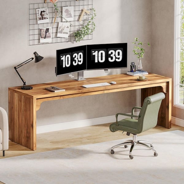 BYBLIGHT 78.7 in. Rectangle Medium Walnut Brown Wood Computer Desk