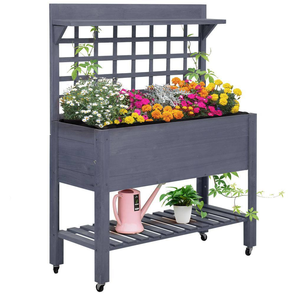 Outsunny 41 in. Raised Garden Bed with Trellis on Wheels, Wooden