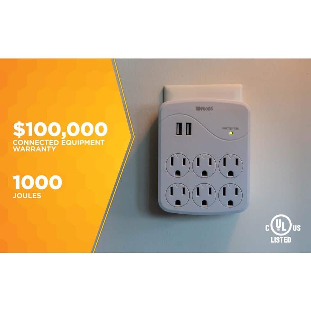 White 6-Outlet Surge Protector with 2 USB Ports