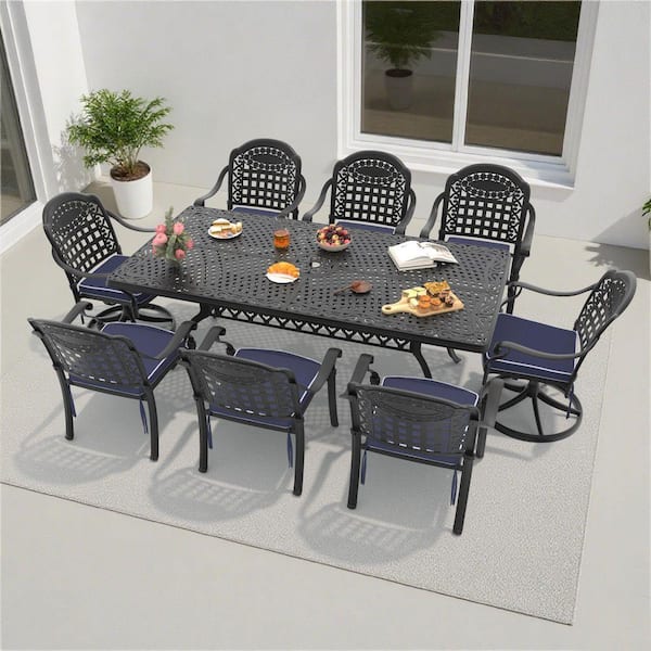 Vintage 9-Piece Cast Aluminum Outdoor Dining Set with Rectangular Table and Swivel Dining Chairs with Cushion