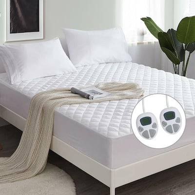 White Heated Electric Mattress Pad King Size with Dual Controller Auto Shut Off