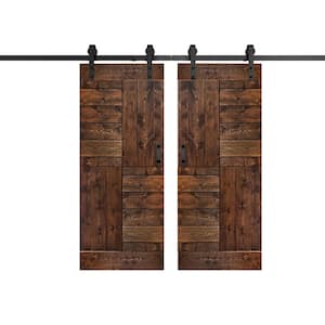 S Series 72 in. x 84 in. Dark Walnut Finished DIY Solid Wood Double Sliding Barn Door with Hardware Kit